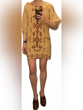 Free People Cream Tunic with Red Geometric Embroidery
